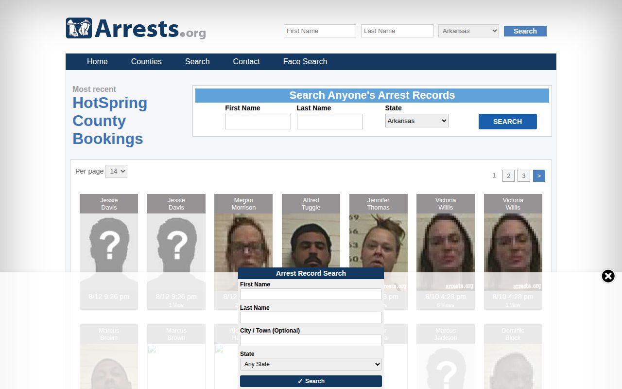 Arrests.org unofficial Hot Spring County mugshot and arrest record interface