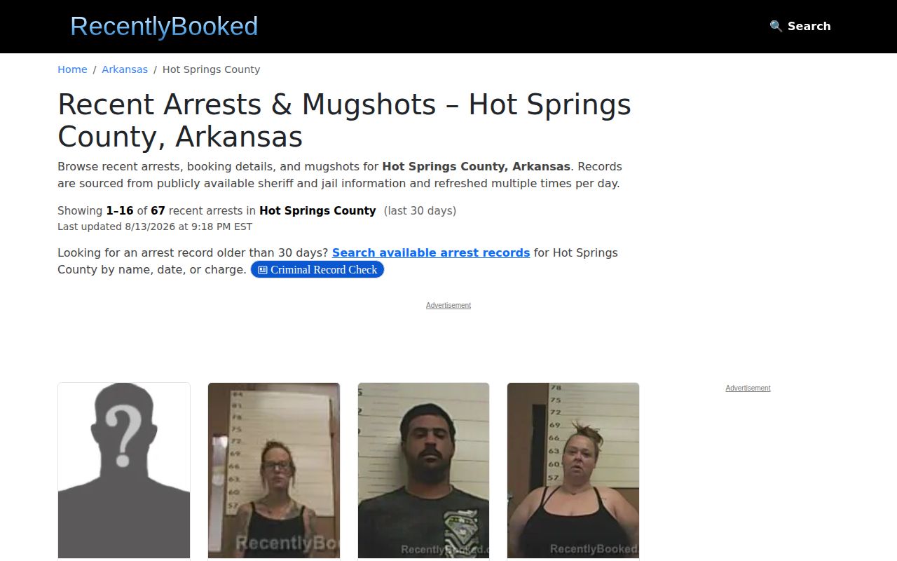 Recently Booked unofficial Hot Spring County booking record section