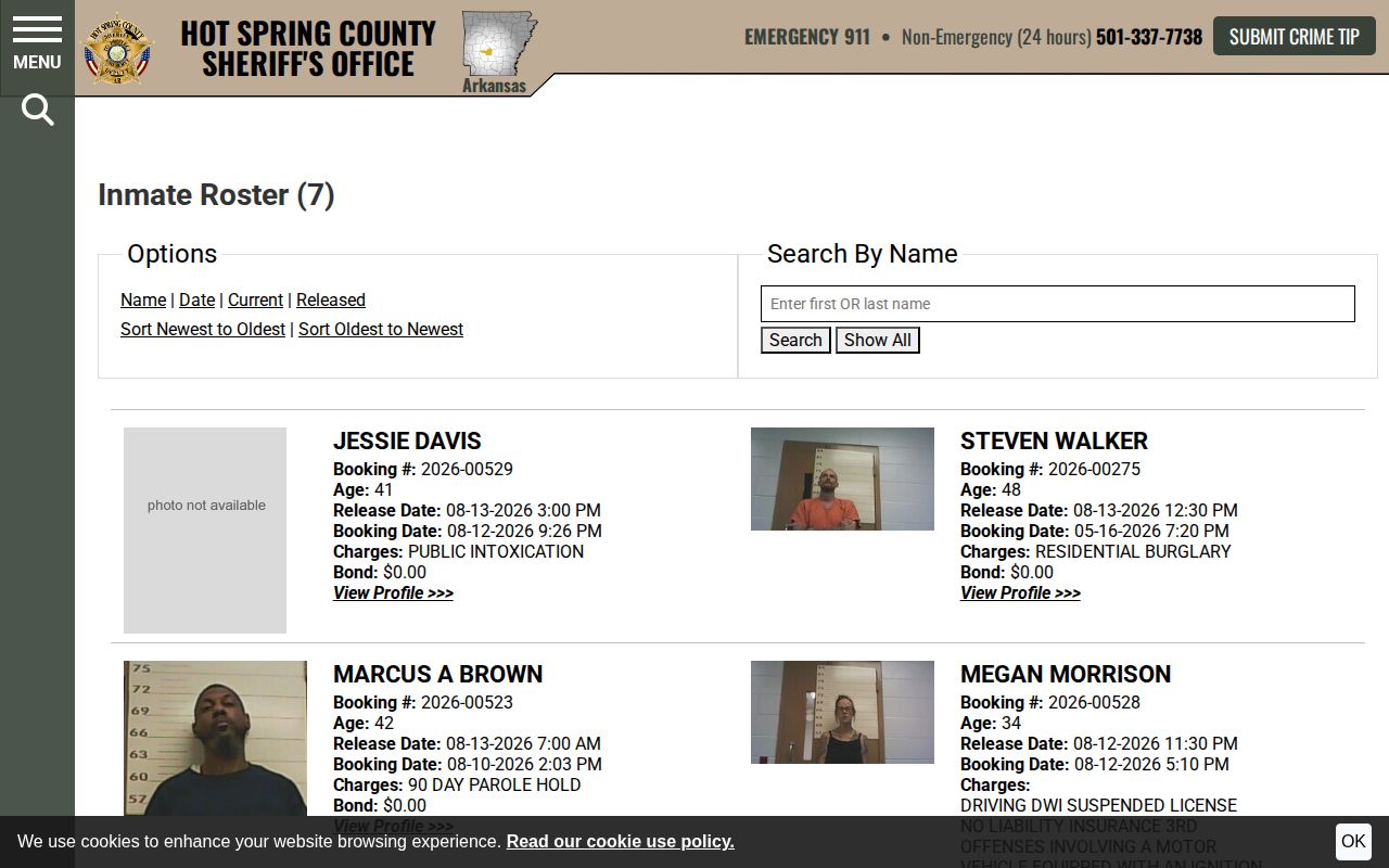 Hot Spring County 48-hour released booking record filter