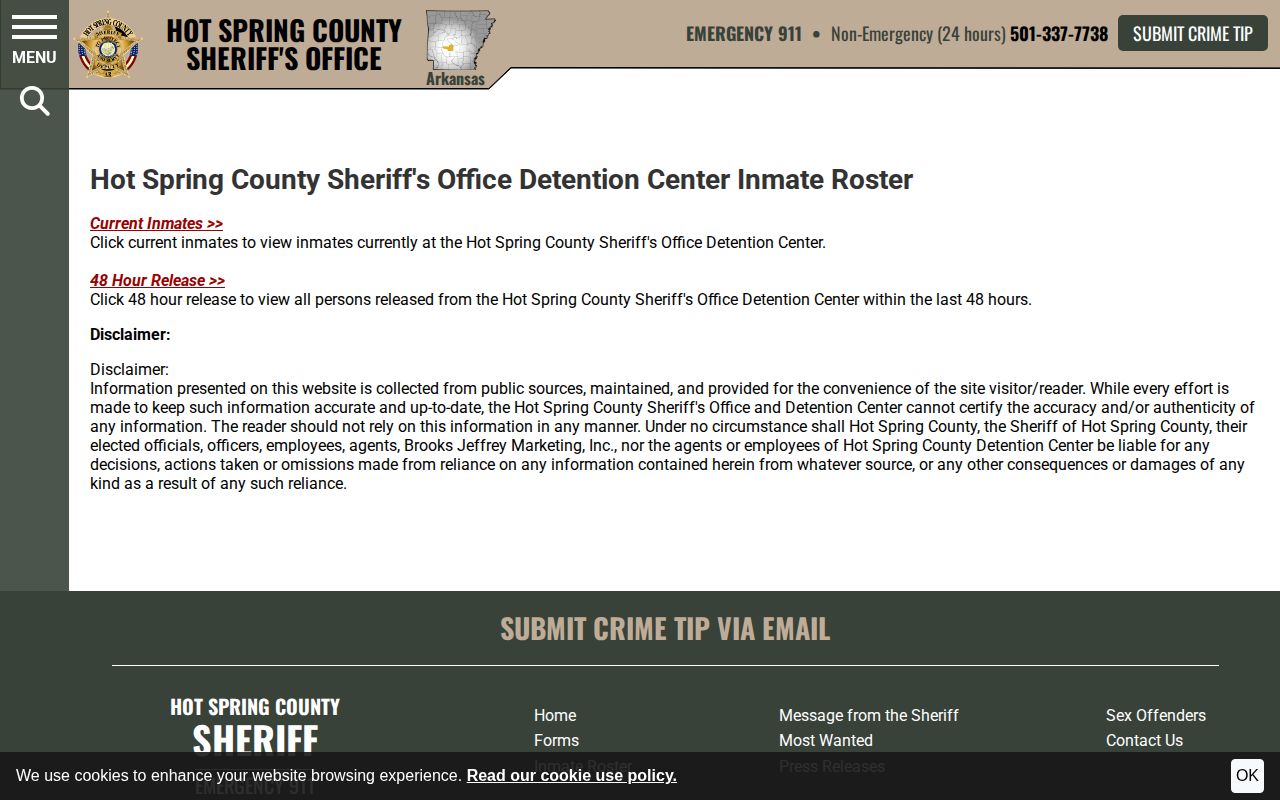 Hot Spring County busted mugshot roster landing and disclaimer