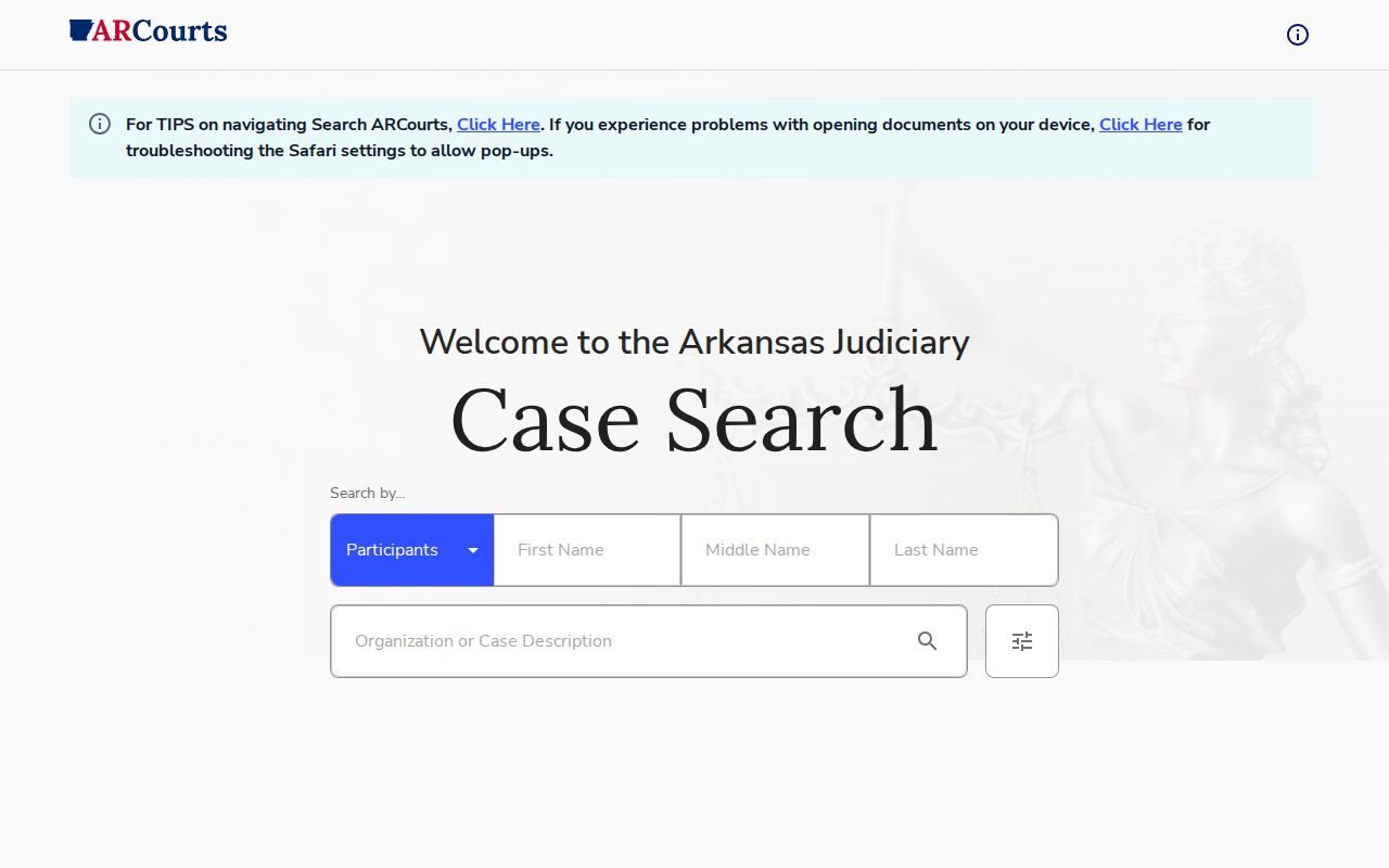 Search ARCourts portal for Hot Spring County arrest case dispositions