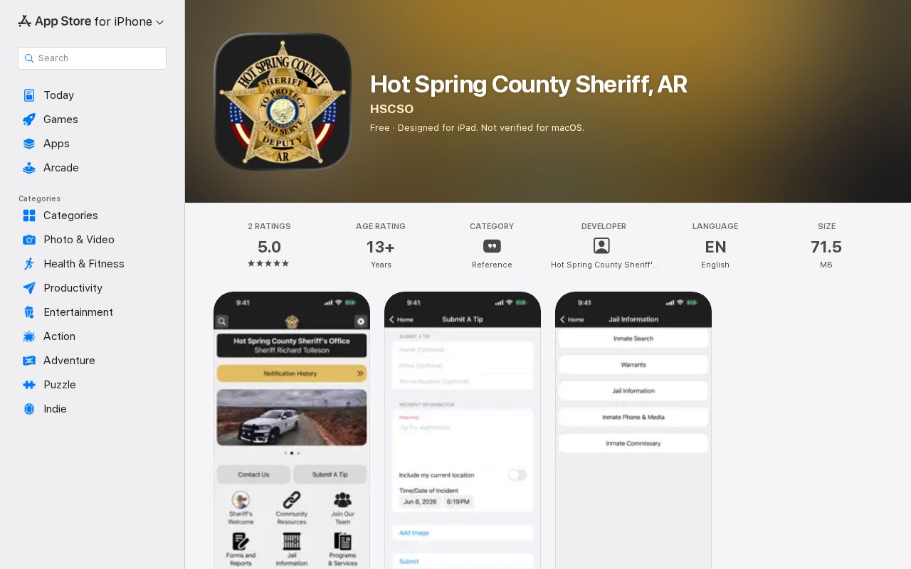 Hot Spring County arrest alert sheriff app listing