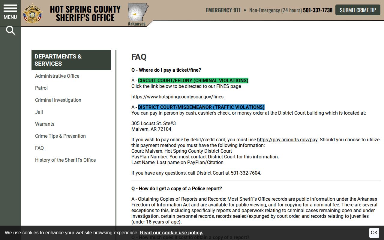 Hot Spring County arrest record FOIA rules on the sheriff website
