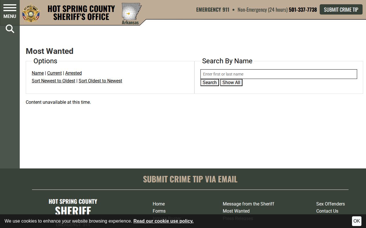 Hot Spring County Sheriff's Most Wanted search and record interface