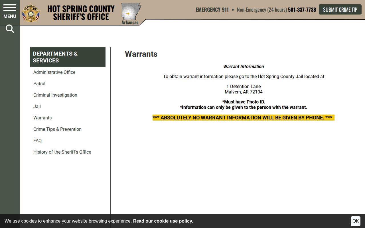 Hot Spring County Sheriff's Office warrant check procedure
